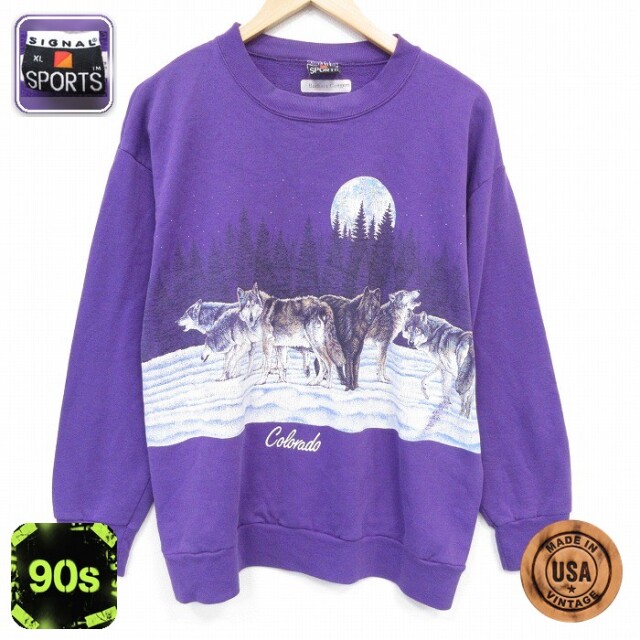 【50%OFF】SIGNAL 90s 長袖スウェット オオカミ パープル L | 古着