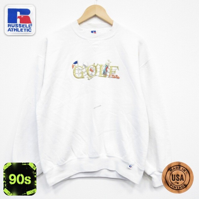 【50%OFF】ラッセル 90s 長袖スウェット ゴルフ刺繍 ホワイト M | 古着