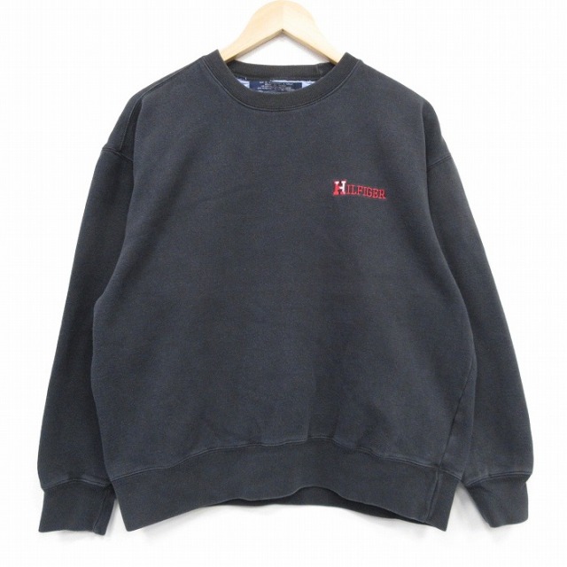 XL★古着 長袖 ブランド スウェット メンズ 90年代 90s ワンポイントロゴ クルーネック 黒 25nov18