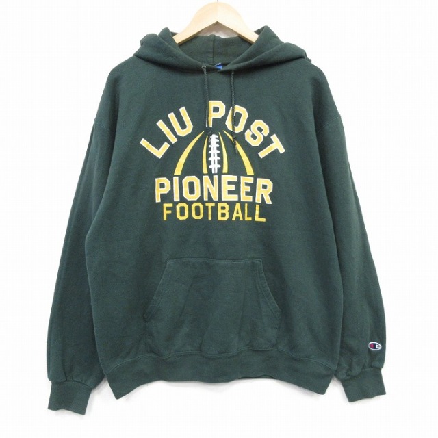 L★古着 チャンピオン champion 長袖 スウェット パーカー メンズ フットボール 濃緑 25nov18