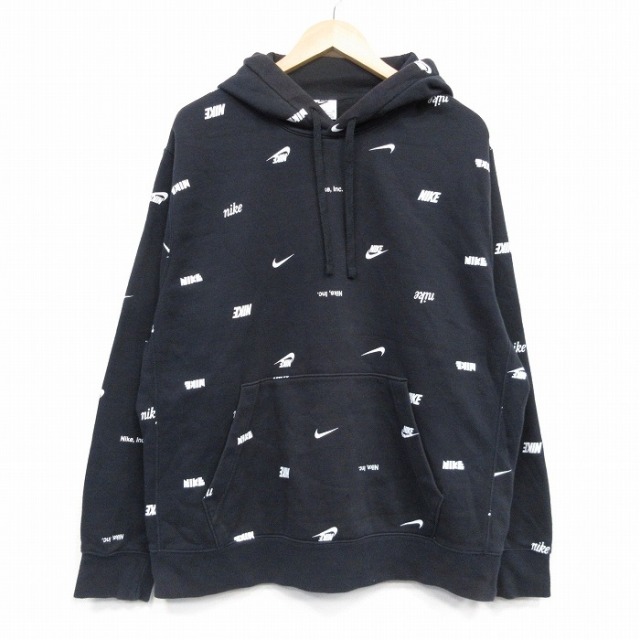 XL★古着 ナイキ NIKE 長袖 スウェット パーカー メンズ 総柄 黒 25nov18
