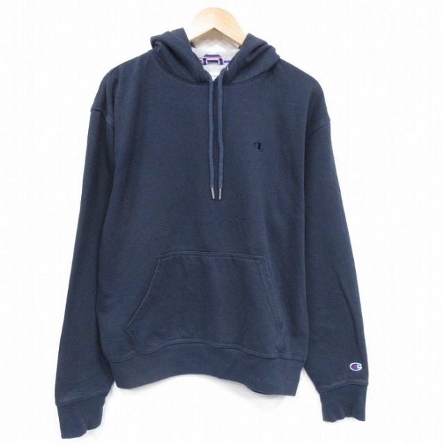 XL★古着 チャンピオン champion 長袖 スウェット パーカー メンズ ワンポイントロゴ 紺 25nov18
