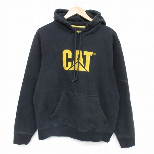XL★古着 長袖 スウェット パーカー メンズ CAT 刺繍 黒 25nov18