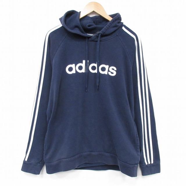 L★古着 アディダス adidas 長袖 スウェット パーカー メンズ ビッグロゴ ラグラン 紺 3本ライン 25nov18