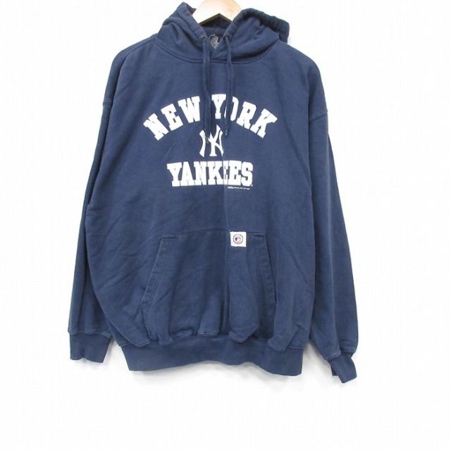 XL★古着 長袖 スウェット パーカー メンズ 00年代 00s MLB ニューヨークヤンキース 大きいサイズ 紺 メジャーリーグ ベースボール 野球 25nov19