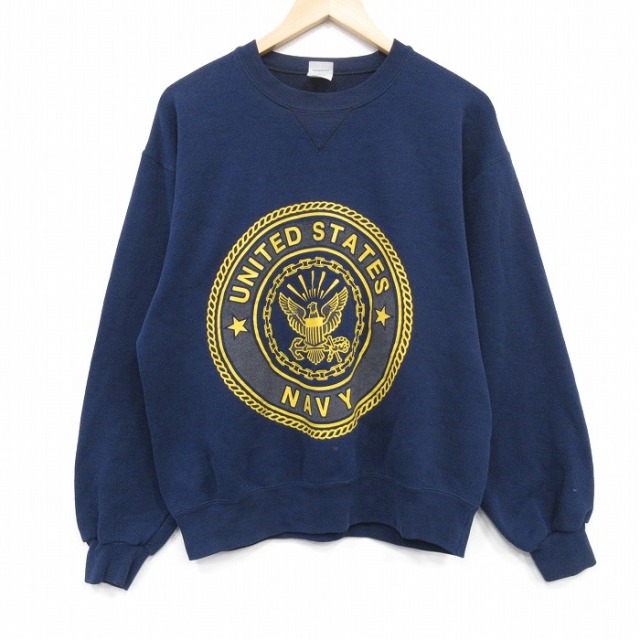 L★古着 長袖 スウェット メンズ 90年代 90s ミリタリー USネイビー リフレクタークルーネック USA製 紺 25nov19
