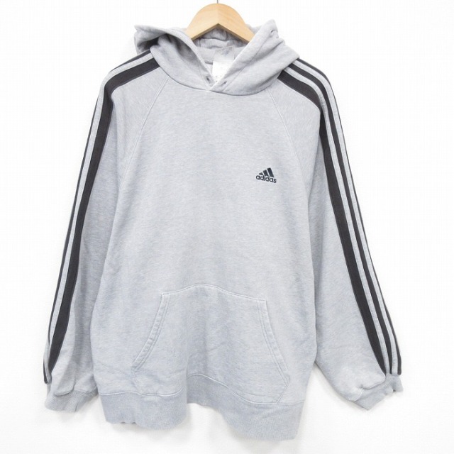 XL★古着 アディダス adidas 長袖 スウェット パーカー メンズ 90年代 90s ワンポイントロゴ 大きいサイズ ラグラン グレー 霜降り 3本ライン 25nov19