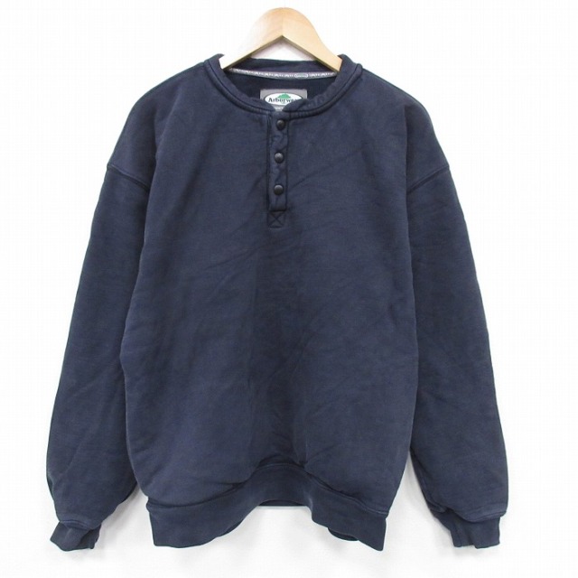 L★古着 Arborwear 長袖 スウェット パーカー メンズ スナップ ワンポイントロゴ コットン ヘンリーネック 紺 25nov19
