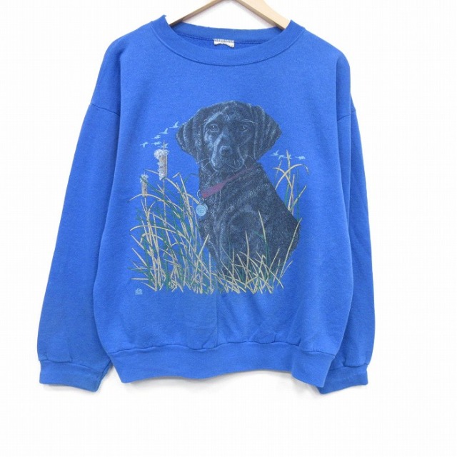 XL★古着 長袖 スウェット メンズ 90年代 90s 犬 クルーネック 青 25nov20