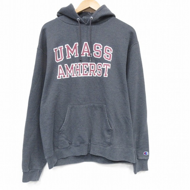 L★古着 チャンピオン champion 長袖 スウェット パーカー メンズ UMASS グレー 霜降り 25nov20