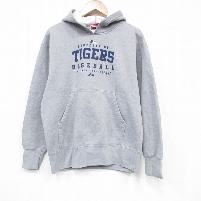 M★古着 マジェスティック 長袖 スウェット パーカー メンズ 00年代 00s  MLBデトロイトタイガース 薄グレー 霜降りアメジャーリーグ ベースボール 野球 25nov20