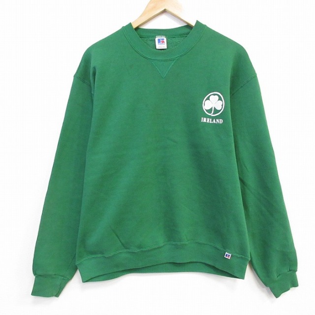 L★古着 ラッセル 長袖 スウェット メンズ 80年代 80s アイルランド クルーネック USA製 緑 25nov20