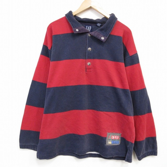 XL★古着 ギャップ GAP 長袖 スウェット メンズ 90年代 90s モックネック ハイネック 赤他 ボーダー 25nov20
