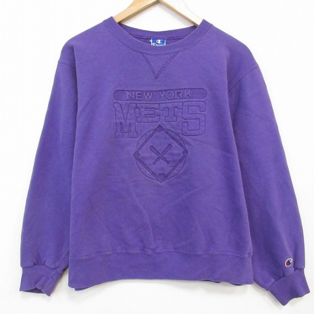 L★古着 チャンピオン champion 長袖 スウェット メンズ 90年代 90s ニューヨークメッツ 刺繍 クルーネック USA製 紫 25nov20