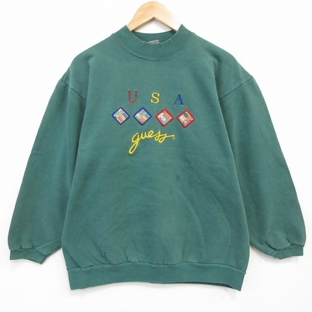 【50%OFF】ゲス 90s 長袖スウェット USAロゴ刺繍 グリーン L | 古着