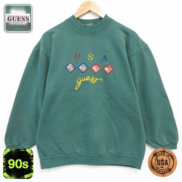 【50%OFF】ゲス 90s 長袖スウェット USAロゴ刺繍 グリーン L | 古着