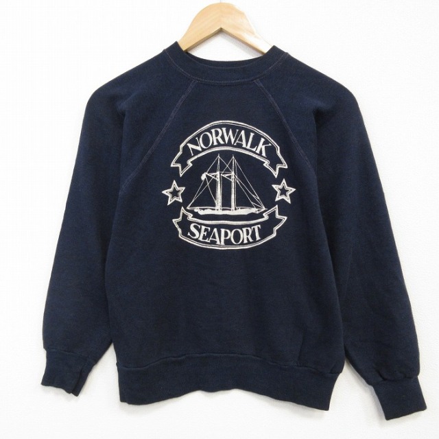 S★古着 長袖 スウェット メンズ 80年代 80s SEAPORT ラグラン クルーネック 濃紺 25nov20
