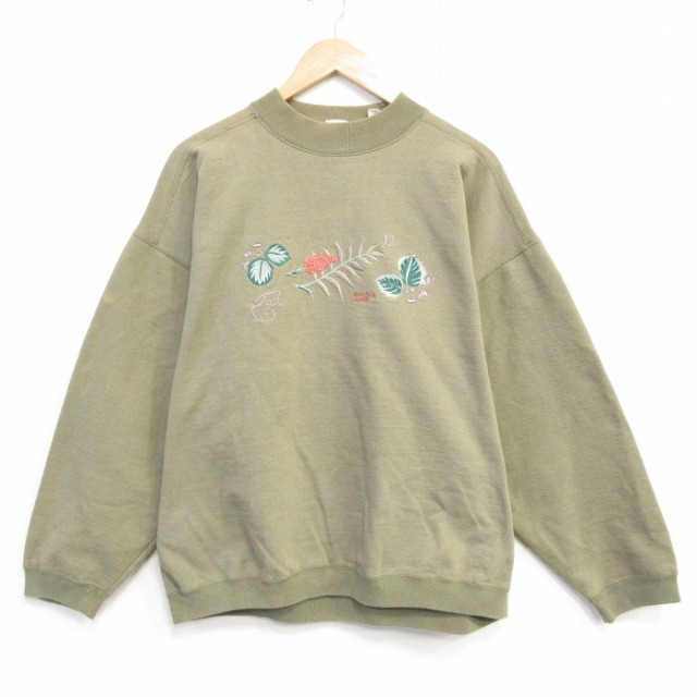 XL★古着 ギャップ GAP  長袖 スウェット メンズ 90年代 90s 花 刺繍 クルーネック 薄緑 25nov20