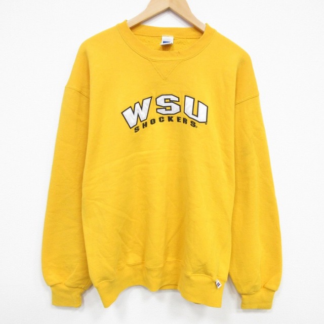 L★古着 ラッセル 長袖 スウェット メンズ 00年代 00s WSU 刺繍 クルーネック 濃黄 25nov20