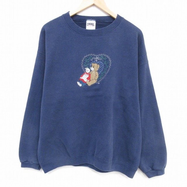 XL★古着 TULTEX 長袖 スウェット メンズ 90年代 90s クマ 刺繍 クルーネック 紺 25nov20
