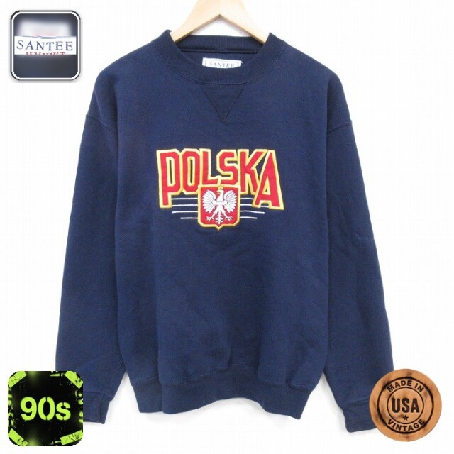 【50%OFF】90s 長袖スウェット ポーランド刺繍 ネイビー M | 古着