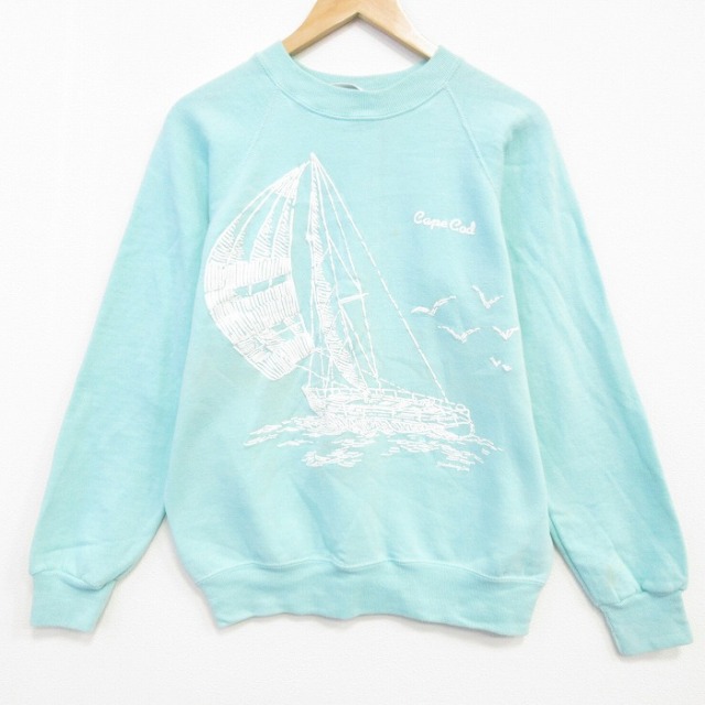 【20%OFF】M★古着 長袖 スウェット メンズ 80年代 80s ヨット ラグラン クルーネック USA製 薄水色 25nov28