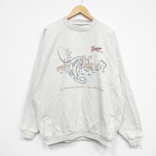 XL★古着 長袖 スウェット メンズ 90年代 90s 魚 大きいサイズ コットン クルーネック USA製 ベージュ 25nov29