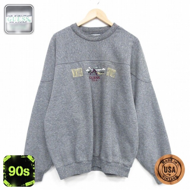 【50%OFF】ゲス 90s 長袖スウェット スキー刺繍 グレー XL | 古着
