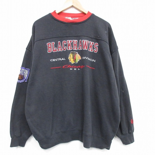 XL★古着 リー Lee 長袖 スウェット メンズ 00年代 00s NHL シカゴブラックホークス 刺繍 大きいサイズ クルーネック 濃グレー アイスホッケー 25nov29