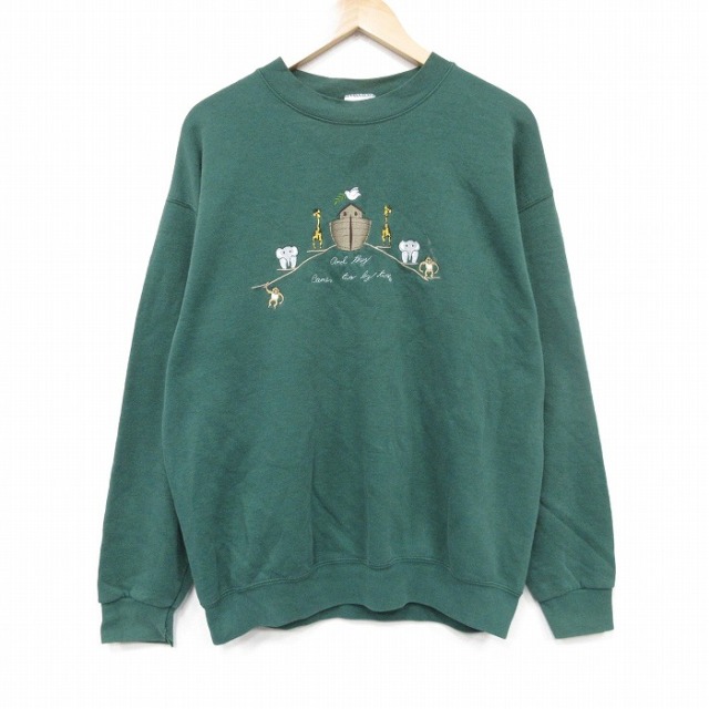 【20%OFF】L★古着 長袖 スウェット メンズ 90年代 90s 船 刺繍 クルーネック USA製 緑 25dec05