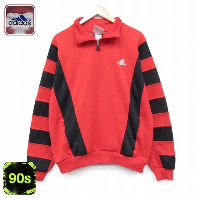 【50%OFF】アディダス 90s ハーフジップスウェット ワンポイントロゴ レッド XL | 古着