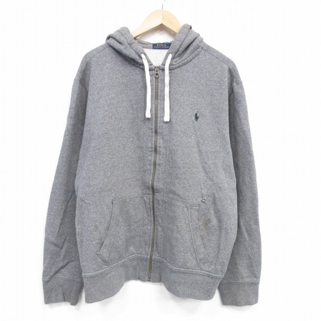 XL★古着 ラルフローレン 長袖 ブランド フルジップ スウェット パーカー メンズ ワンポイントロゴ 大きいサイズ 濃グレー 霜降り 25dec04