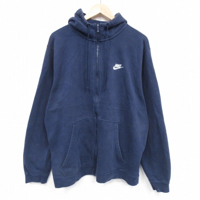 XL★古着 ナイキ NIKE 長袖 フルジップ スウェット パーカー メンズ ワンポイントロゴ 大きいサイズ 紺 25dec04