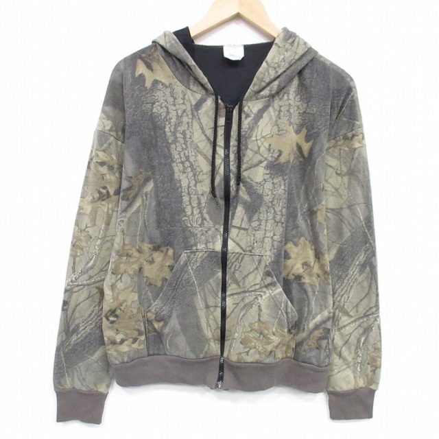 【20%OFF】L★古着 長袖 フルジップ トップス パーカー メンズ 90年代 90s ポリエステル USA製 こげ茶 迷彩 25dec04