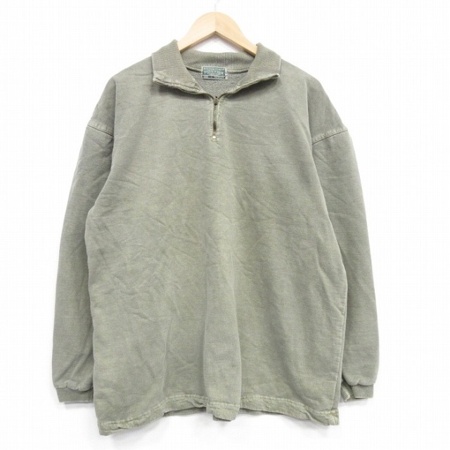 XL★古着 長袖 ハーフジップ スウェット メンズ 90年代 90s 無地 コットン USA製 薄緑 25dec05