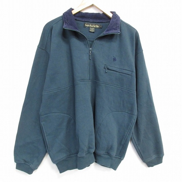 XL★古着 長袖 ハーフジップ スウェット メンズ 90年代 90s ワンポイントロゴ 濃緑 25dec06