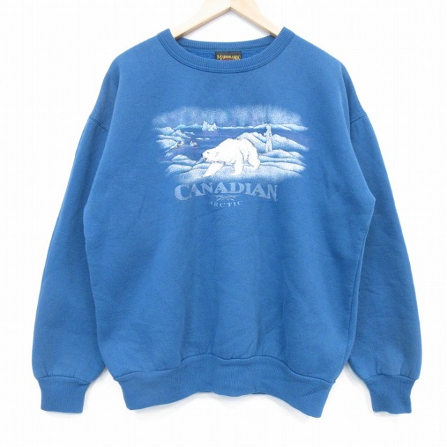 XL★古着 長袖 スウェット メンズ 90年代 90s シロクマ クルーネック カナダ製 青 25dec06