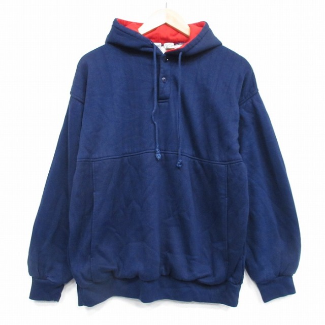 【20%OFF】L★古着 長袖 スウェット パーカー メンズ 90年代 90s 無地 アクリル 紺 内側サーマル 25dec06