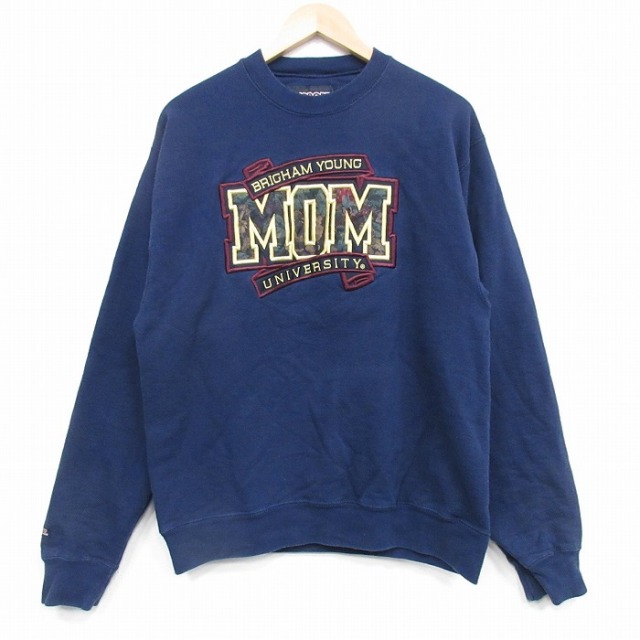 M★古着 ジャンスポーツ 長袖 スウェット メンズ 00年代 00s MOM 刺繍 クルーネック 紺 25dec06