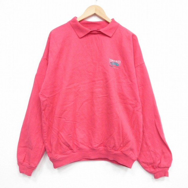 XL★古着 Crazy Shirts 長袖 スウェット メンズ 90年代 90s 木 大きいサイズ コットン 襟付き USA製 濃ピンク 25dec06
