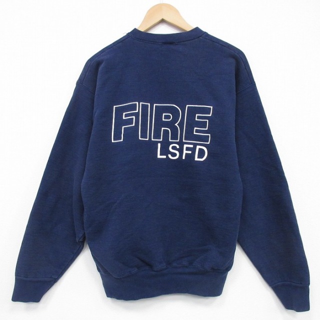 L★古着 フルーツオブザルーム 長袖 スウェット メンズ 90年代 90s FIRE クルーネック USA製 紺 25dec08