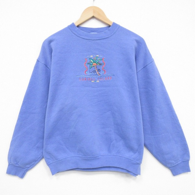 L★古着 長袖 スウェット メンズ 90年代 90s ヤシの木 刺繍 クルーネック USA製 薄紫 25dec08