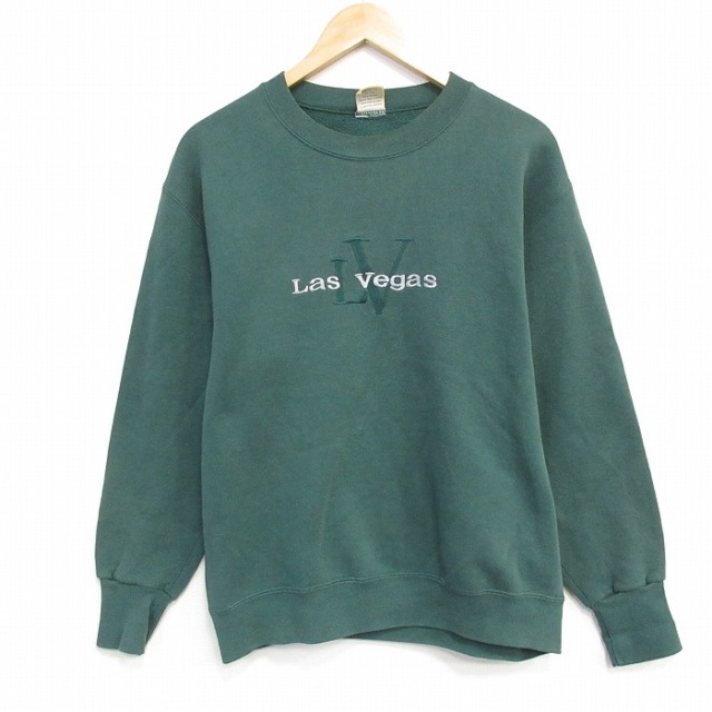 90s 長袖スウェット ラスベガス刺繍 グリーン M | 古着