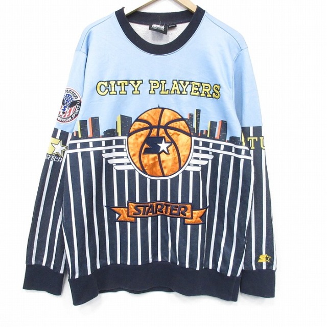 XL★古着 スターター 長袖 スウェット メンズ バスケットボール クルーネック 水色 ストライプ【spe】 25dec10