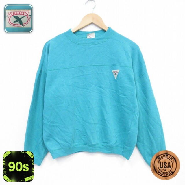 【50%OFF】90s ラグランスウェット ワンポイントロゴ ブルーグリーン M | 古着