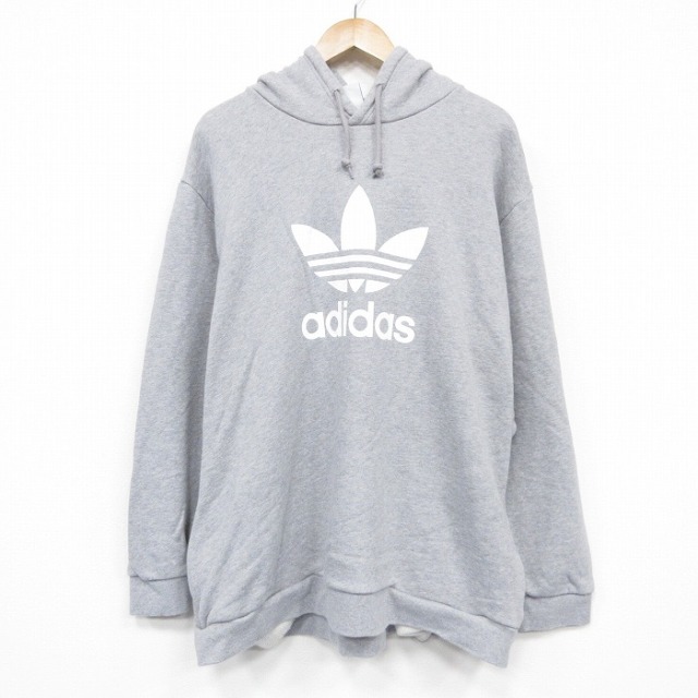 XL★古着 アディダス adidas  長袖 スウェット パーカー メンズ ビッグロゴ リーフ トレフォイル 大きいサイズ グレー 霜降り 25dec12