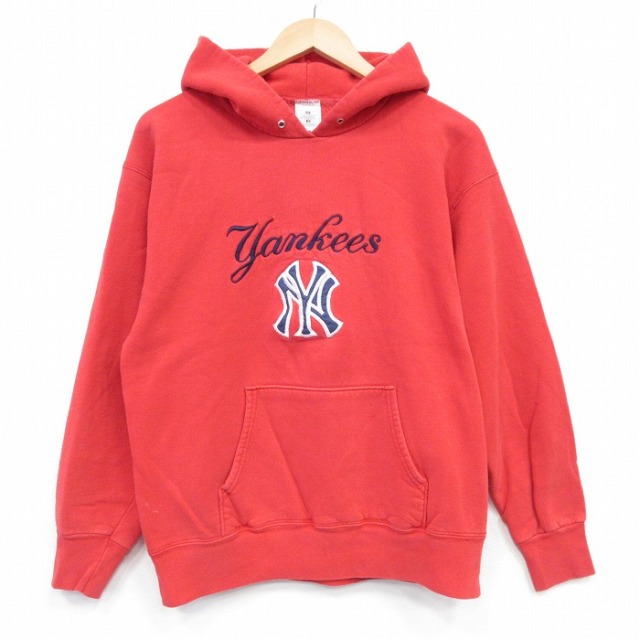 M★古着 長袖 スウェット パーカー メンズ 00年代 00s MLB ニューヨークヤンキース 刺繍 赤 メジャーリーグ ベースボール 野球 25dec12