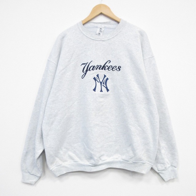 XL★古着 長袖 スウェット メンズ 00年代 00s MLB ニューヨークヤンキース  刺繍 大きいサイズ クルーネック 薄グレー 霜降り メジャーリーグ ベースボール 野球 25dec12