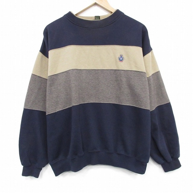 XL★古着 長袖 スウェット メンズ 90年代 90s ワンポイントロゴ クルーネック 紺他 ボーダー 25dec13