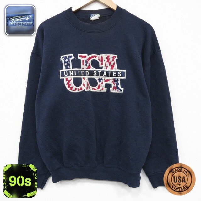 【50%OFF】90s 長袖スウェット USAロゴ刺繍 ネイビー L | 古着